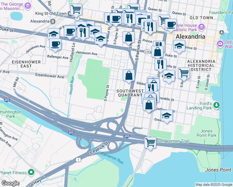 map of restaurants, bars, coffee shops, grocery stores, and more near 702 South Fayette Street in Alexandria