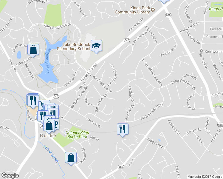 map of restaurants, bars, coffee shops, grocery stores, and more near 9210 Lake Braddock Drive in Burke
