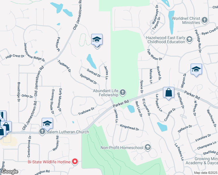 map of restaurants, bars, coffee shops, grocery stores, and more near 12322 Jerries Lane in Florissant
