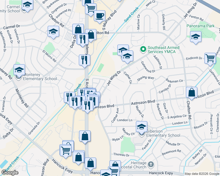 map of restaurants, bars, coffee shops, grocery stores, and more near 2319 Jet Wing Drive in Colorado Springs