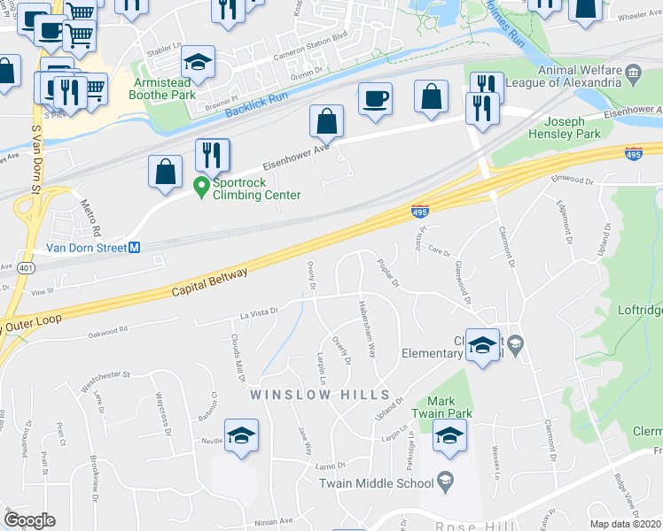 map of restaurants, bars, coffee shops, grocery stores, and more near 4910 Poplar Drive in Alexandria