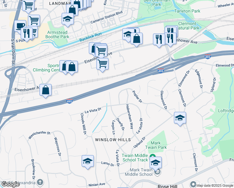 map of restaurants, bars, coffee shops, grocery stores, and more near 4910 Poplar Drive in Alexandria