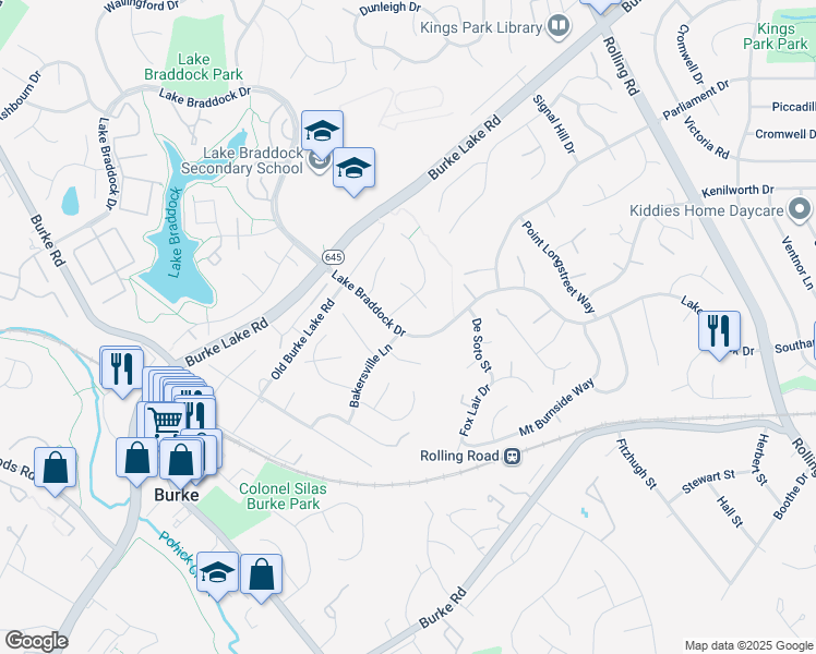 map of restaurants, bars, coffee shops, grocery stores, and more near 9210 Lake Braddock Drive in Burke