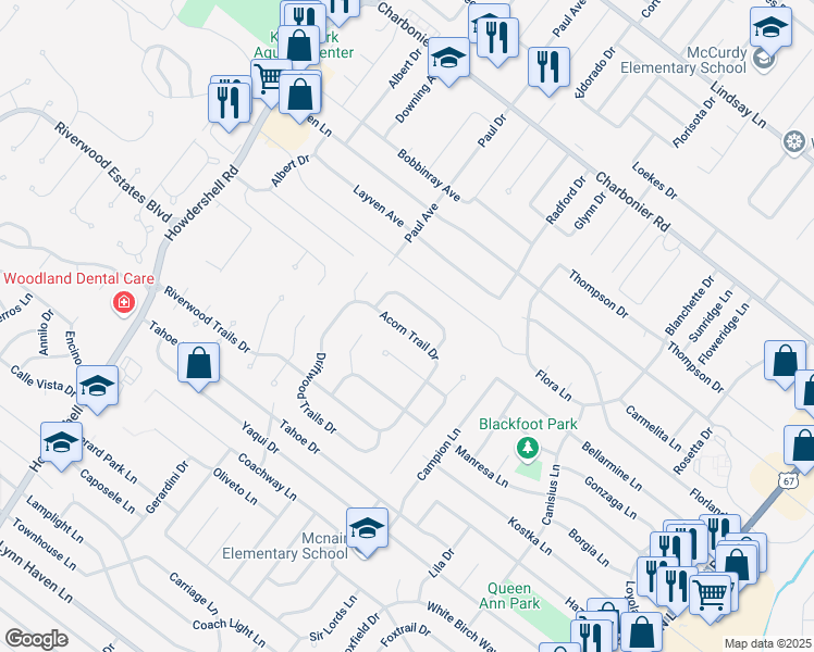 map of restaurants, bars, coffee shops, grocery stores, and more near 1931 Acorn Trail Drive in Florissant