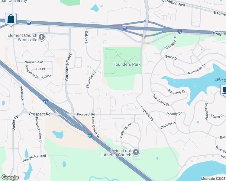 map of restaurants, bars, coffee shops, grocery stores, and more near 8 Shady Village Court in Lake Saint Louis