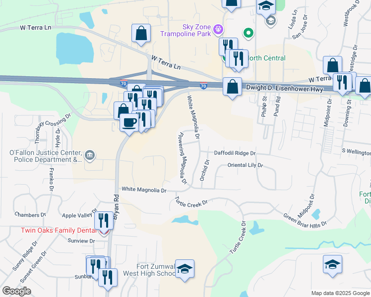 map of restaurants, bars, coffee shops, grocery stores, and more near 484 Flowering Magnolia Drive in O'Fallon