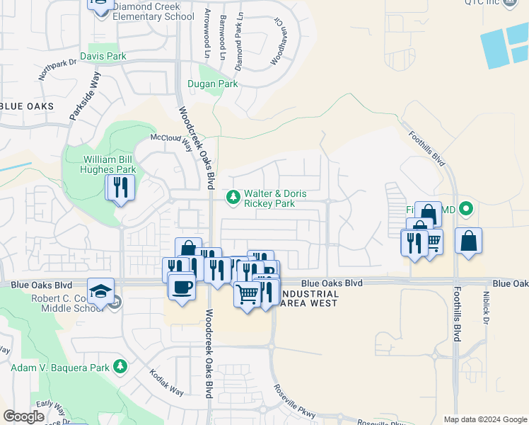 map of restaurants, bars, coffee shops, grocery stores, and more near 1601 Black Bear Street in Roseville