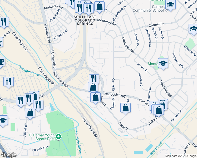 map of restaurants, bars, coffee shops, grocery stores, and more near 2386 Spring Blossom Drive in Colorado Springs