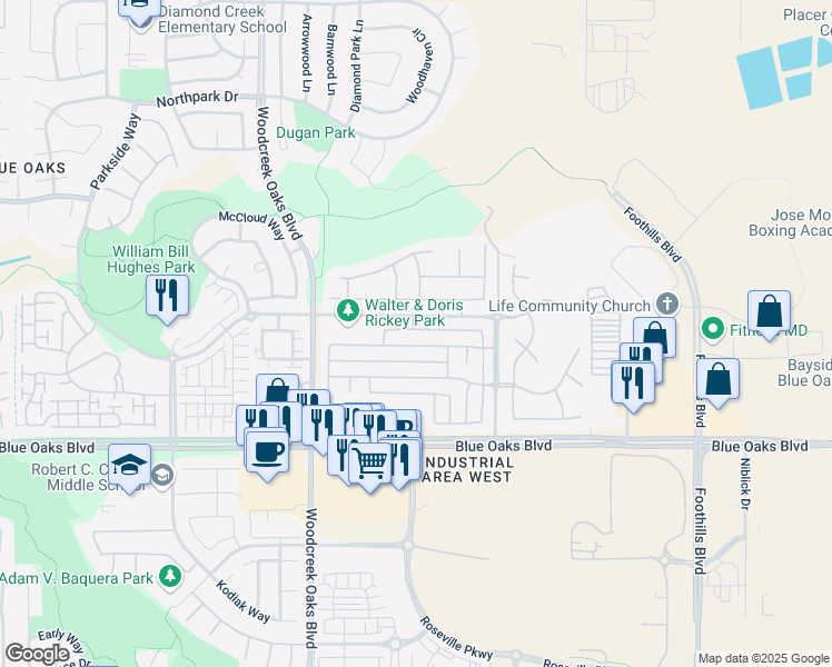 map of restaurants, bars, coffee shops, grocery stores, and more near 1560 Black Bear Street in Roseville