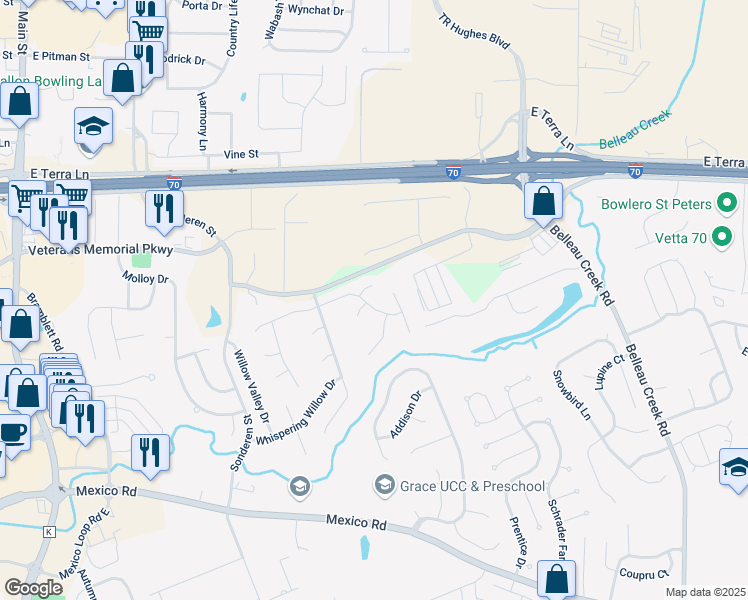 map of restaurants, bars, coffee shops, grocery stores, and more near 1 Summersong Court in O'Fallon