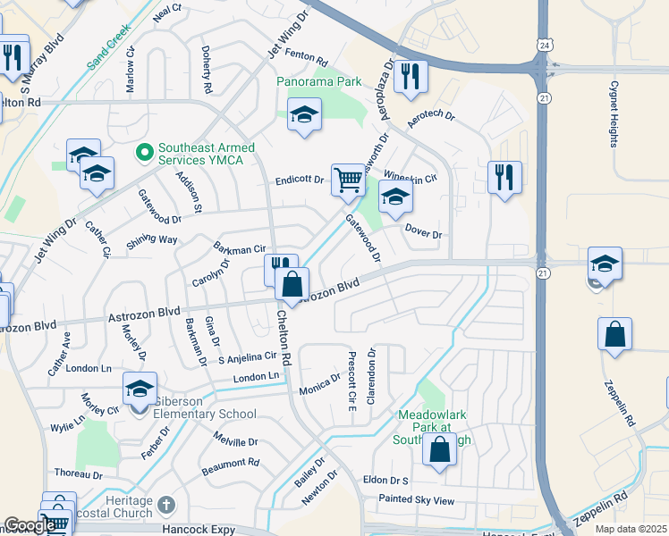 map of restaurants, bars, coffee shops, grocery stores, and more near 4749 Dover Drive in Colorado Springs