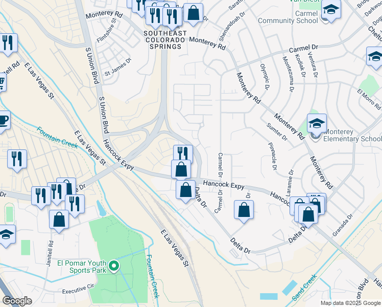 map of restaurants, bars, coffee shops, grocery stores, and more near 2386 Spring Blossom Drive in Colorado Springs