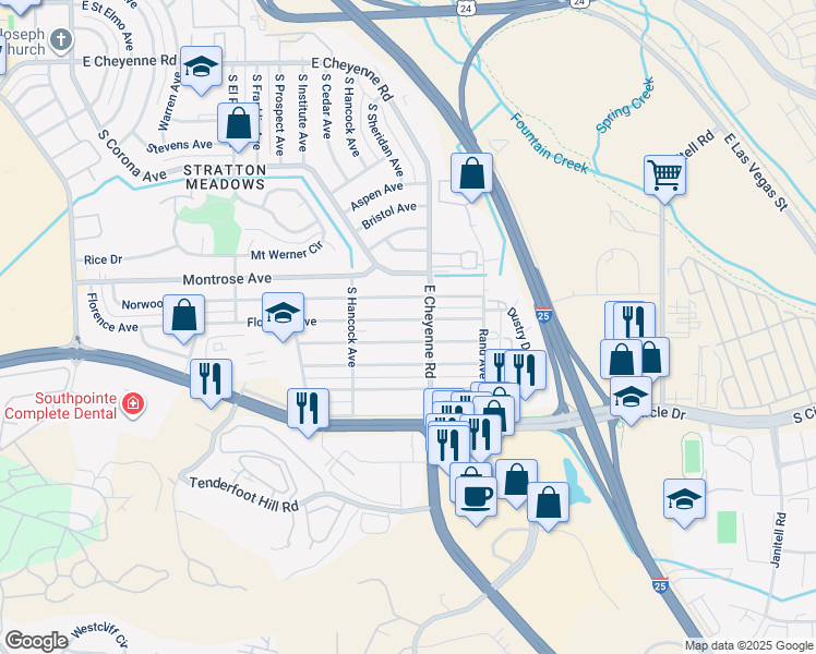 map of restaurants, bars, coffee shops, grocery stores, and more near 1216 Florence Avenue in Colorado Springs