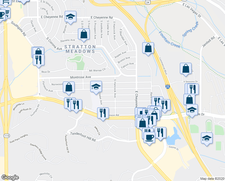 map of restaurants, bars, coffee shops, grocery stores, and more near 2305 South Hancock Avenue in Colorado Springs