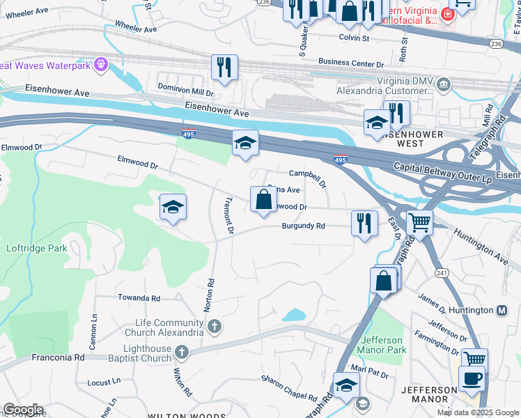 map of restaurants, bars, coffee shops, grocery stores, and more near 3411 Elmwood Drive in Alexandria