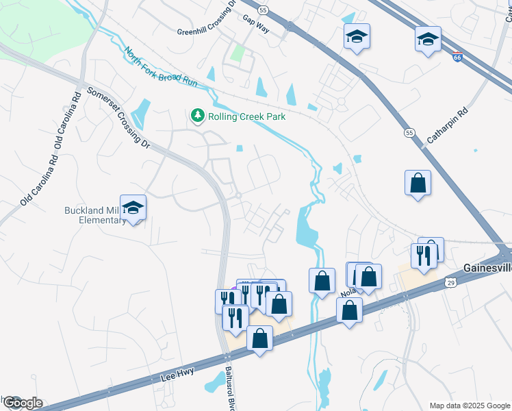 map of restaurants, bars, coffee shops, grocery stores, and more near 7574 Brunson Circle in Gainesville