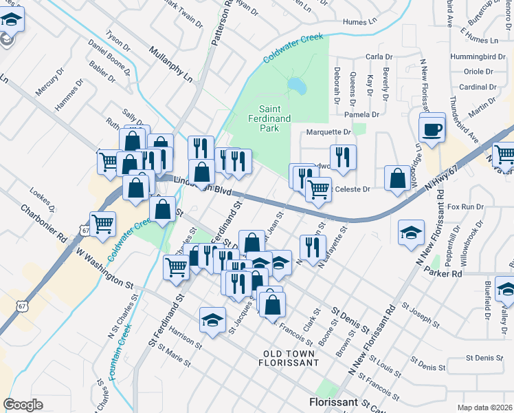 map of restaurants, bars, coffee shops, grocery stores, and more near 1040 U.S. 67 in Florissant