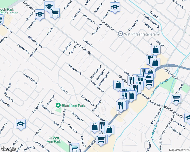 map of restaurants, bars, coffee shops, grocery stores, and more near 17 Blanchette Drive in Florissant
