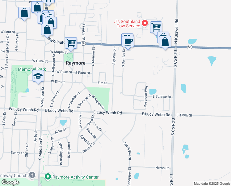 map of restaurants, bars, coffee shops, grocery stores, and more near 505 Sky Vue Drive in Raymore