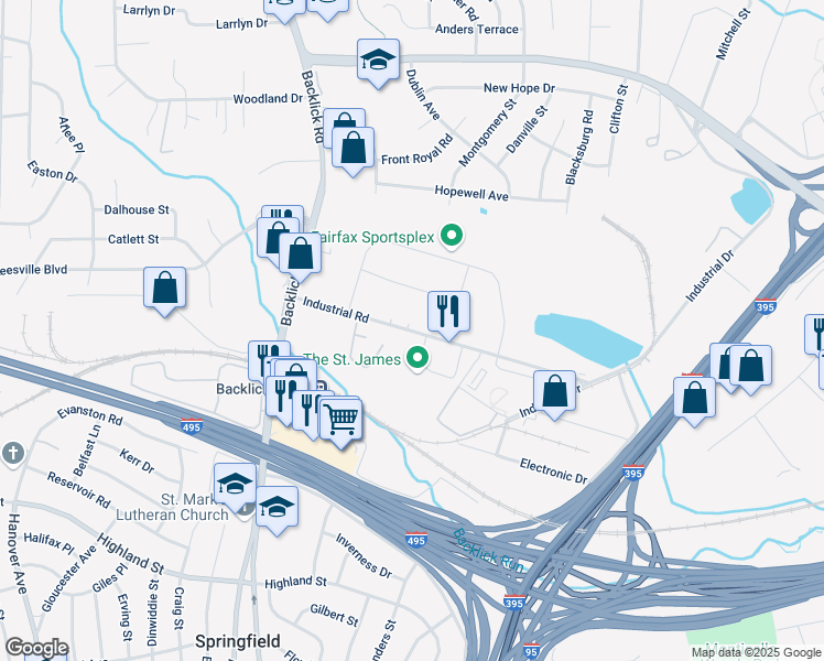 map of restaurants, bars, coffee shops, grocery stores, and more near 6801 Industrial Road in Springfield
