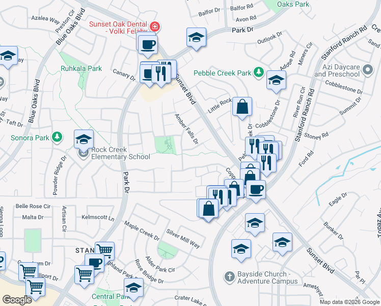 map of restaurants, bars, coffee shops, grocery stores, and more near 6108 Canyon Rim Drive in Rocklin