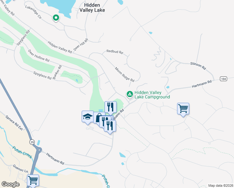 map of restaurants, bars, coffee shops, grocery stores, and more near 19186 Hidden Valley Road in Hidden Valley Lake