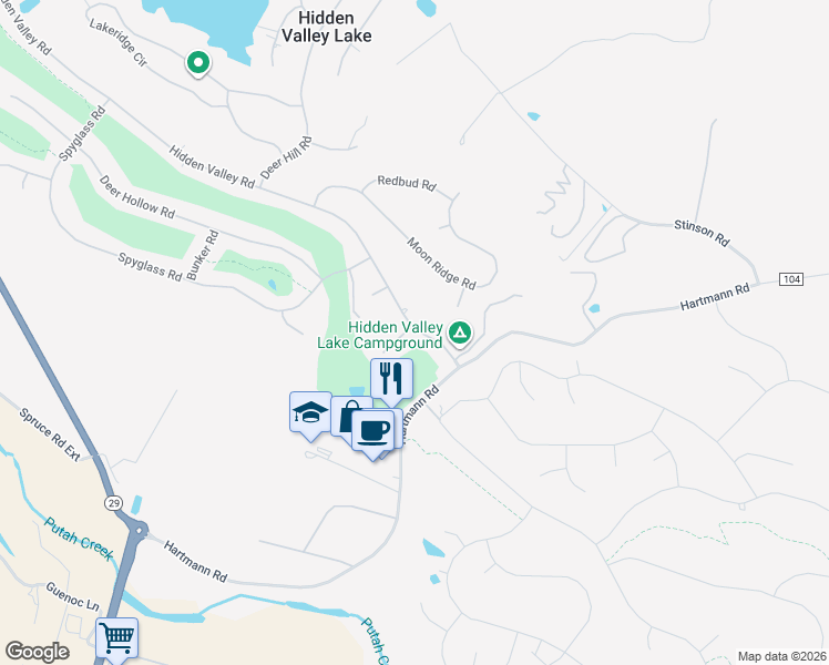 map of restaurants, bars, coffee shops, grocery stores, and more near 20185 Powder Horn Road in Hidden Valley Lake