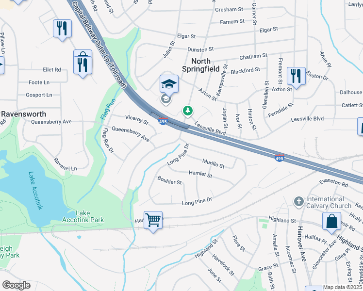 map of restaurants, bars, coffee shops, grocery stores, and more near 7669 Long Pine Drive in Springfield