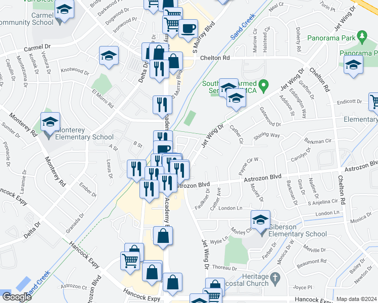 map of restaurants, bars, coffee shops, grocery stores, and more near 2489 Sierra Springs Drive in Colorado Springs