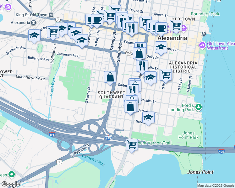 map of restaurants, bars, coffee shops, grocery stores, and more near 907 Franklin Street in Alexandria