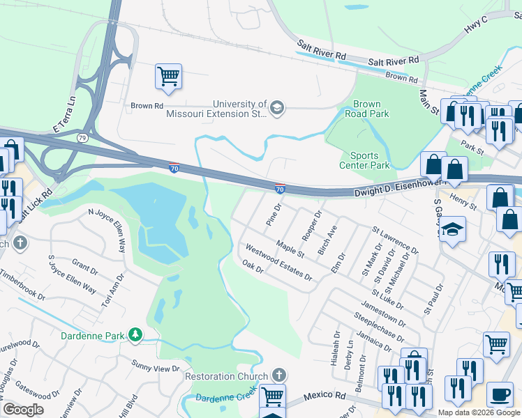 map of restaurants, bars, coffee shops, grocery stores, and more near 8 Oak Drive in St. Peters