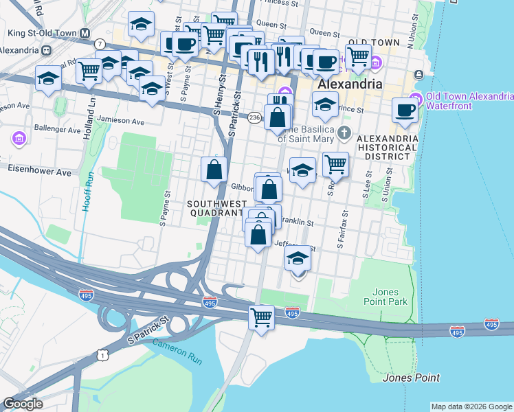 map of restaurants, bars, coffee shops, grocery stores, and more near 678 South Columbus Street in Alexandria