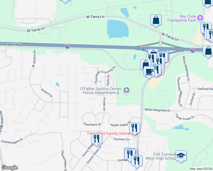 map of restaurants, bars, coffee shops, grocery stores, and more near 721 Hyde Drive in O'Fallon