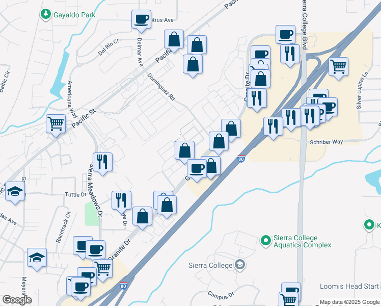 map of restaurants, bars, coffee shops, grocery stores, and more near 4426 Bonneville Circle in Rocklin