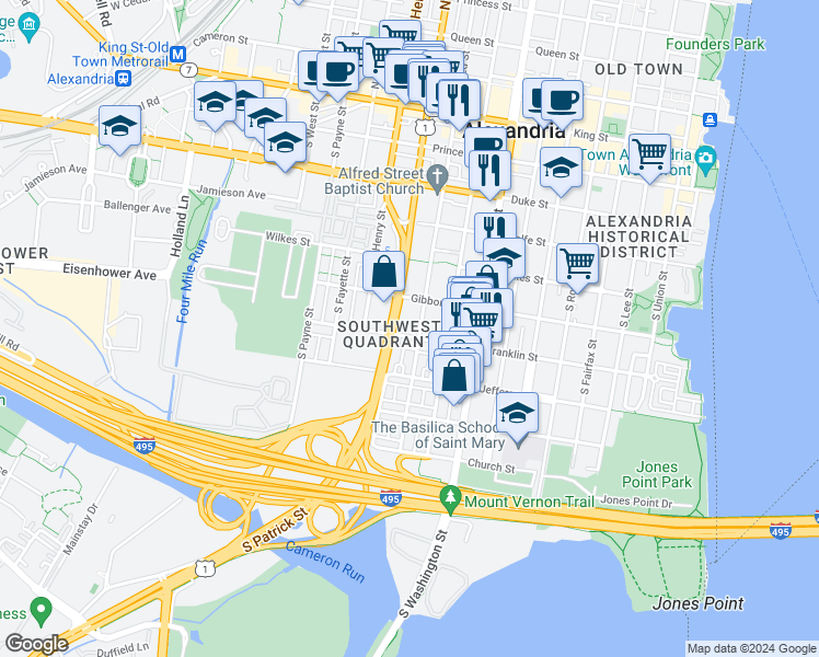map of restaurants, bars, coffee shops, grocery stores, and more near 907 Franklin Street in Alexandria