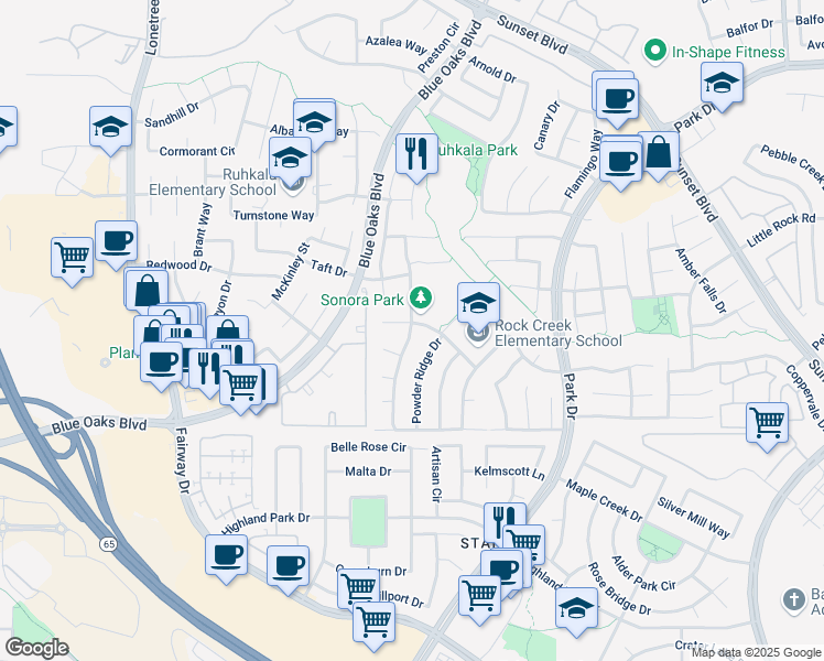 map of restaurants, bars, coffee shops, grocery stores, and more near 11172 Sonora Pass Way in Rocklin