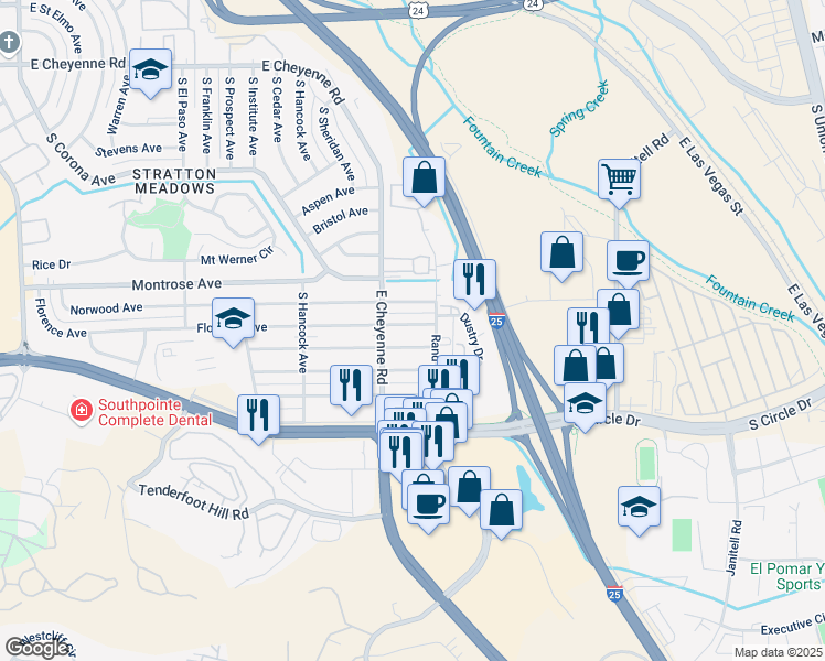 map of restaurants, bars, coffee shops, grocery stores, and more near 1312 Florence Avenue in Colorado Springs