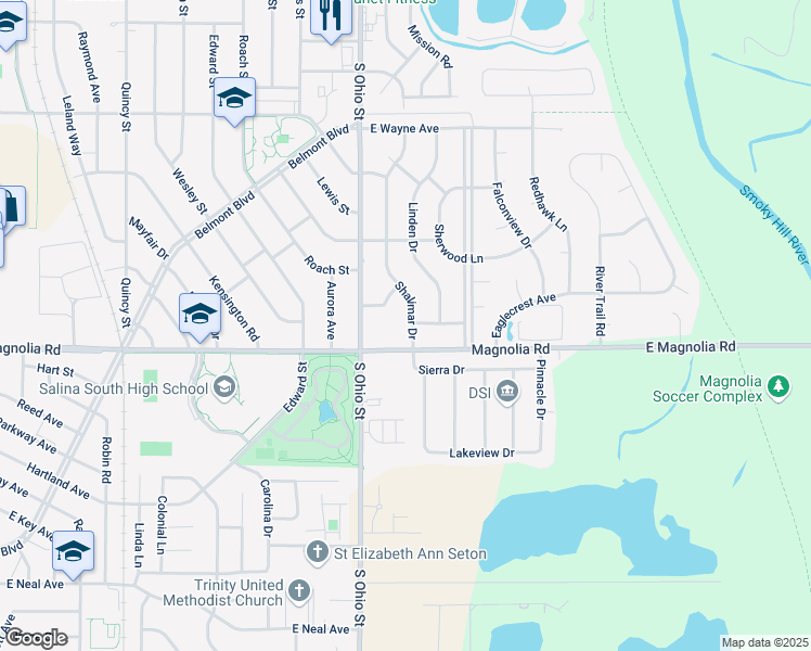 map of restaurants, bars, coffee shops, grocery stores, and more near 1112 Revere Drive in Salina