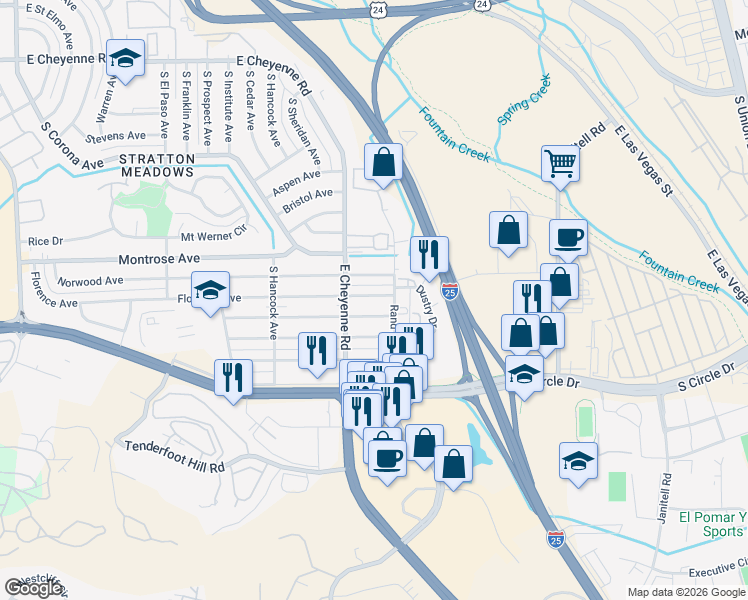 map of restaurants, bars, coffee shops, grocery stores, and more near 1312 Florence Avenue in Colorado Springs