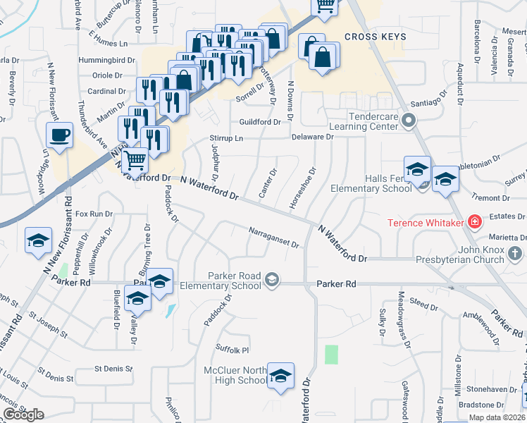 map of restaurants, bars, coffee shops, grocery stores, and more near 2640 North Waterford Drive in Florissant