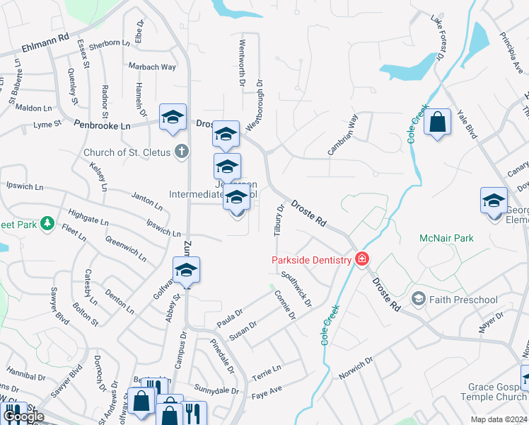 map of restaurants, bars, coffee shops, grocery stores, and more near 912 Parkcrest Drive in Saint Charles