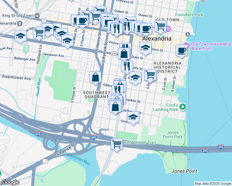 map of restaurants, bars, coffee shops, grocery stores, and more near 616 South Columbus Street in Alexandria