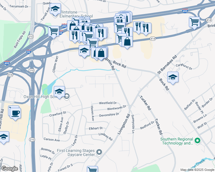 map of restaurants, bars, coffee shops, grocery stores, and more near 1203 Stratwood Ave in Oxon Hill