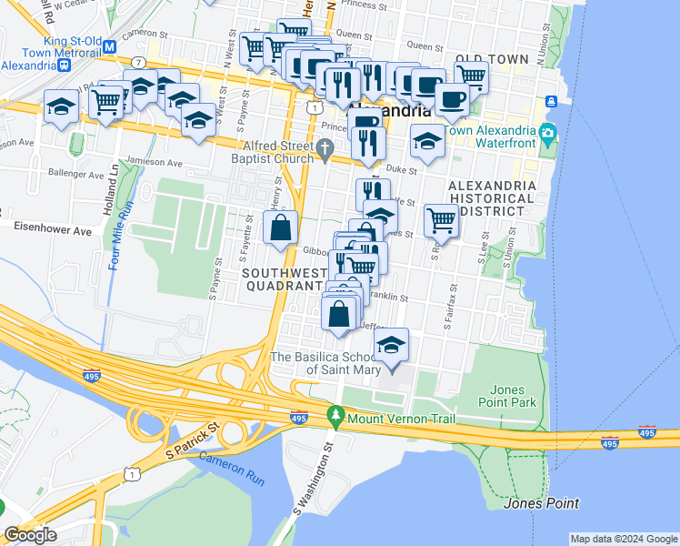 map of restaurants, bars, coffee shops, grocery stores, and more near 616 South Columbus Street in Alexandria