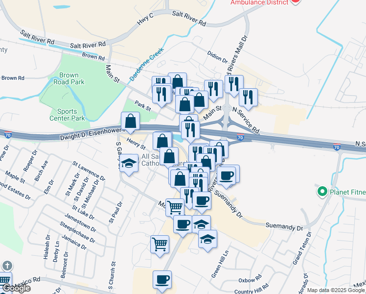 map of restaurants, bars, coffee shops, grocery stores, and more near 5858 Suemandy Rd in St Peters