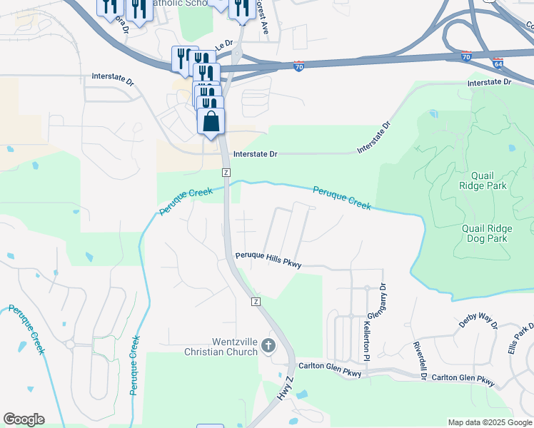 map of restaurants, bars, coffee shops, grocery stores, and more near 125 Peruque Estates Lane in Wentzville