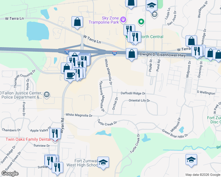 map of restaurants, bars, coffee shops, grocery stores, and more near 200 Sword Lily Drive in O'Fallon