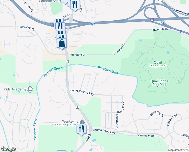 map of restaurants, bars, coffee shops, grocery stores, and more near 333 Pecan Bluffs Drive in Wentzville