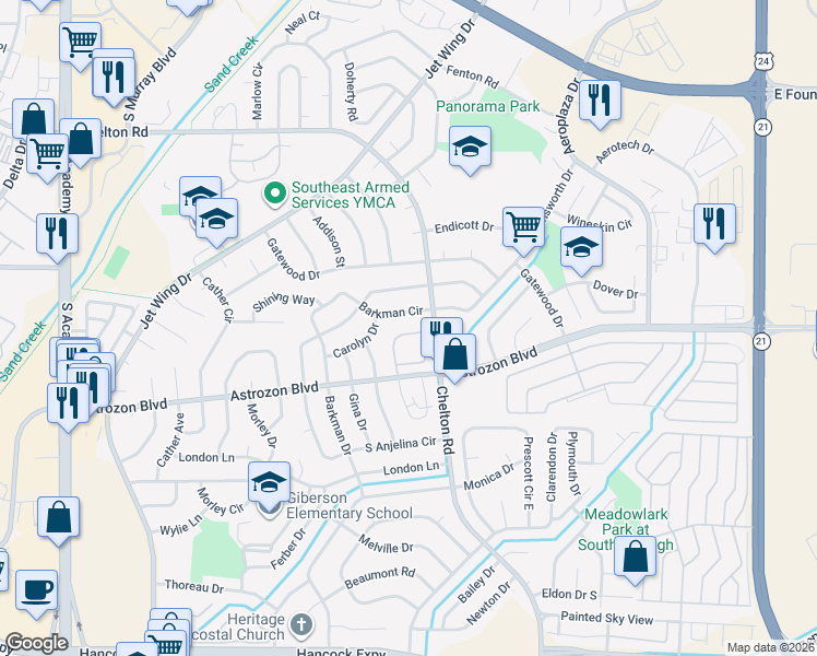 map of restaurants, bars, coffee shops, grocery stores, and more near 2387 Lexington Village Lane in Colorado Springs