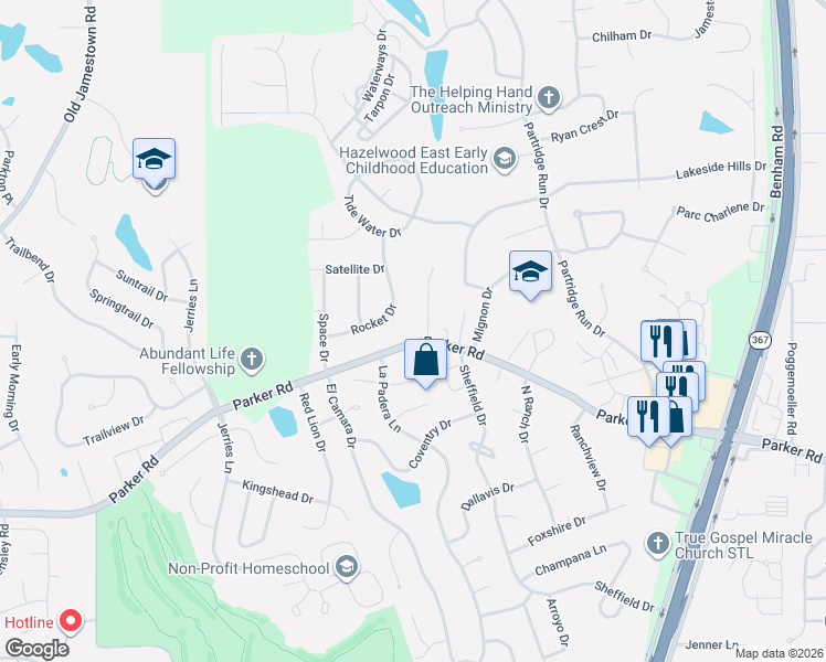 map of restaurants, bars, coffee shops, grocery stores, and more near 6315 Parker Road in Florissant